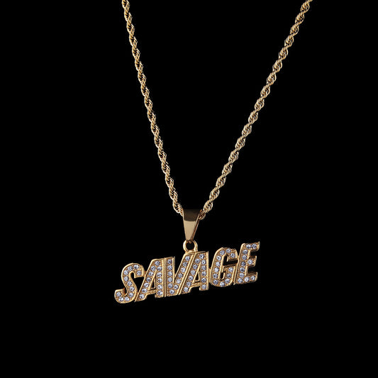 Flexing Boutique 2023✥𝔾𝕣𝕠𝕦𝕟𝕕ℤ𝕖𝕣𝕠®✥European and American Hip Hop SAVAGE Stainless Steel Pendant Necklace Unisex Men and Women Street 