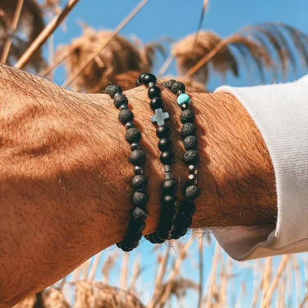 Flexing boutique 2023✥𝔾𝕣𝕠𝕦𝕟𝕕ℤ𝕖𝕣𝕠®✥European and American hip-hop fashion all-match black matte cross beaded bracelet three-piece neutral bracelet jewelry 