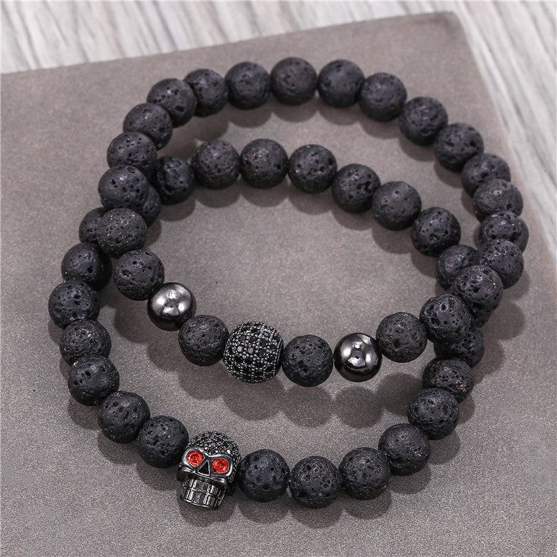 Flexing boutique 2023✥𝔾𝕣𝕠𝕦𝕟𝕕ℤ𝕖𝕣𝕠®✥European and American hip-hop fashion all-match black matte diamond-encrusted skull beaded bracelet two-piece neutral bracelet jewelry 