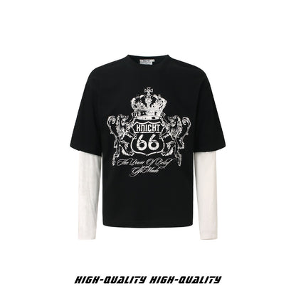 𝔾𝕣𝕠𝕦𝕟𝕕ℤ𝕖𝕣𝕠®2026年秋冬款復古皇家獅子圓領假兩件長袖上衣T-SHIRT