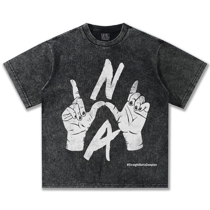 G.Z邁阿密南岸𝔾𝕣𝕠𝕦𝕟𝕕ℤ𝕖𝕣𝕠®✥南裝大佬✥ 美式嘻哈水洗重磅數男女中性N.W.A手勢短袖上衣T-Shirt(亞洲版型)