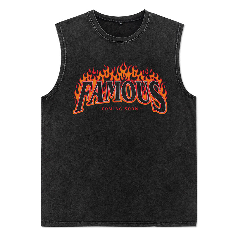 ♠ 𝔾𝕣𝕠𝕦𝕟𝕕ℤ𝕖𝕣𝕠♠美式風格夏日新款水洗厚磅數火焰文字坎肩無袖背心T-Shirt