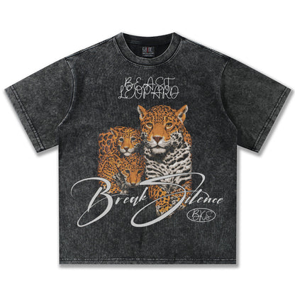 G.Z邁阿密南岸𝔾𝕣𝕠𝕦𝕟𝕕ℤ𝕖𝕣𝕠®✥南裝大佬✥ 美式嘻哈水洗重磅數男女中性油畫美洲豹短袖上衣T-Shirt(亞洲版型)