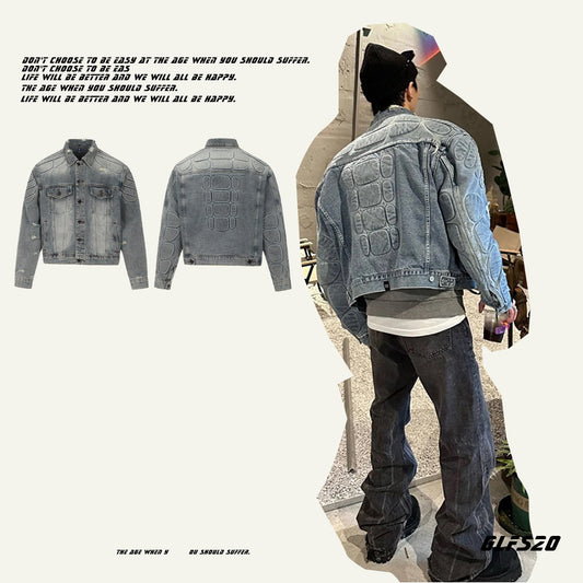 𝔾𝕣𝕠𝕦𝕟𝕕ℤ𝕖𝕣𝕠®2026年秋冬款復古水洗破壞鎧甲短版牛仔夾克外套(限量)