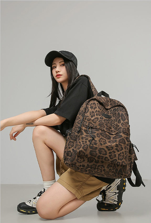✥𝔾𝕣𝕠𝕦𝕟𝕕ℤ𝕖𝕣𝕠®✥Deluxe/精選包包系列-美式休閒潮流大容量豹紋雙肩外出學生背包