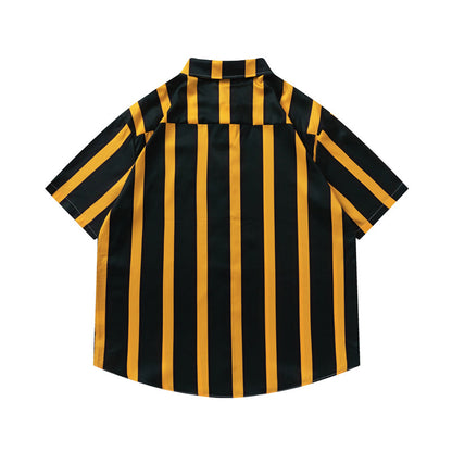 G.Z 邁阿密南岸✥𝔾𝕣𝕠𝕦𝕟𝕕ℤ𝕖𝕣𝕠®✥２０２4南裝大佬/美式嘻哈古巴開領黃黑條紋中性短袖襯衫
