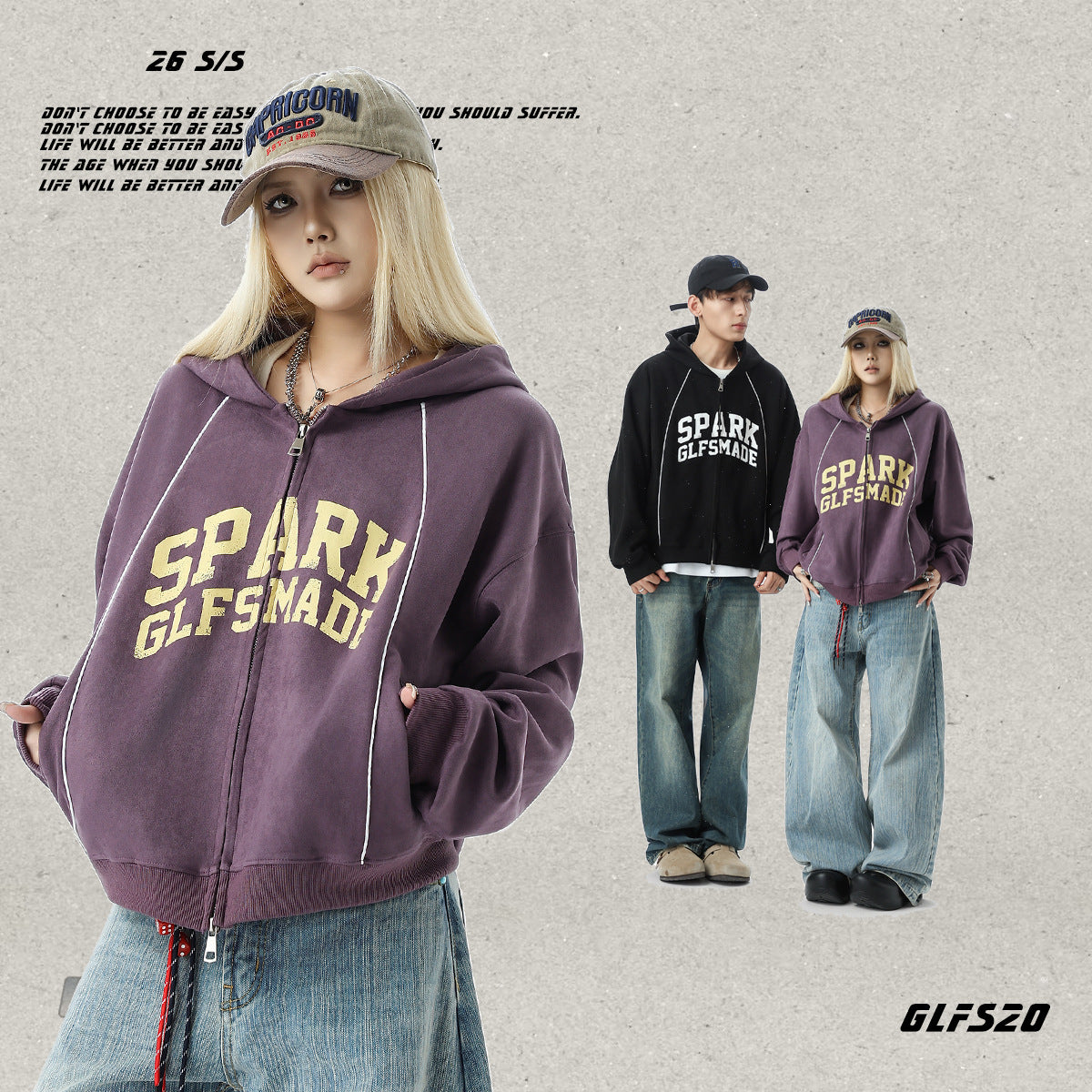 𝔾𝕣𝕠𝕦𝕟𝕕ℤ𝕖𝕣𝕠®2026年秋冬新款油漆字母麂皮絨連帽拉鍊長袖外套