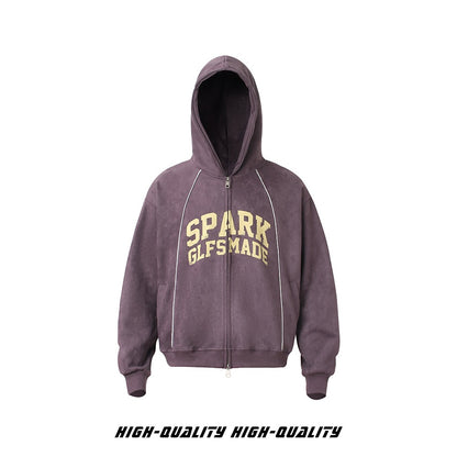 𝔾𝕣𝕠𝕦𝕟𝕕ℤ𝕖𝕣𝕠®2026年秋冬新款油漆字母麂皮絨連帽拉鍊長袖外套