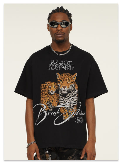 G.Z邁阿密南岸𝔾𝕣𝕠𝕦𝕟𝕕ℤ𝕖𝕣𝕠®✥南裝大佬✥ 美式嘻哈水洗重磅數男女中性油畫美洲豹短袖上衣T-Shirt(亞洲版型)