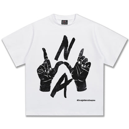 G.Z邁阿密南岸𝔾𝕣𝕠𝕦𝕟𝕕ℤ𝕖𝕣𝕠®✥南裝大佬✥ 美式嘻哈水洗重磅數男女中性N.W.A手勢短袖上衣T-Shirt(亞洲版型)