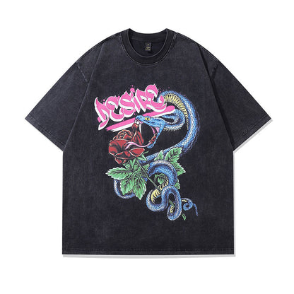 G.Z邁阿密南岸𝔾𝕣𝕠𝕦𝕟𝕕ℤ𝕖𝕣𝕠®✥２０２５✥ 南裝大佬/美式嘻哈水洗重磅數玫瑰奎蛇男女中性T-Shirt上衣TKP