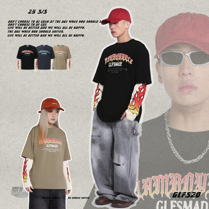 𝔾𝕣𝕠𝕦𝕟𝕕ℤ𝕖𝕣𝕠®2026年秋冬款復古火焰字母兩件式圓領長袖上衣T-SHIRT