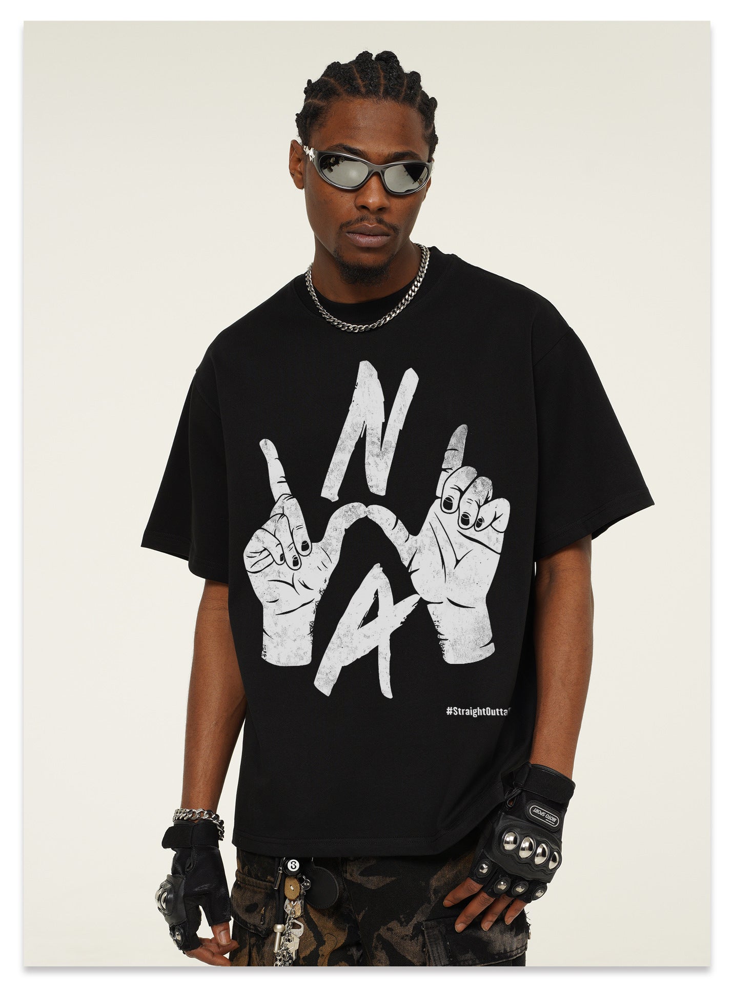 G.Z邁阿密南岸𝔾𝕣𝕠𝕦𝕟𝕕ℤ𝕖𝕣𝕠®✥南裝大佬✥ 美式嘻哈水洗重磅數男女中性N.W.A手勢短袖上衣T-Shirt(亞洲版型)