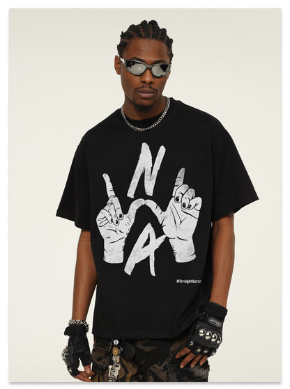 G.Z邁阿密南岸𝔾𝕣𝕠𝕦𝕟𝕕ℤ𝕖𝕣𝕠®✥南裝大佬✥ 美式嘻哈水洗重磅數男女中性N.W.A手勢短袖上衣T-Shirt(亞洲版型)