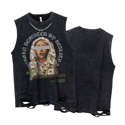 ♠𝔾𝕣𝕠𝕦𝕟𝕕ℤ𝕖𝕣𝕠♠美式風格夏日新款水洗破壞厚磅數胸鏈鈔票聖母坎肩無袖背心