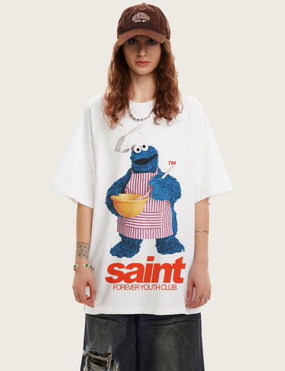 G.Z邁阿密南岸𝔾𝕣𝕠𝕦𝕟𝕕ℤ𝕖𝕣𝕠®✥南裝大佬✥ 美式嘻哈水洗重磅數男女中性餅乾怪獸T-Shirt短袖上衣(亞洲版型)