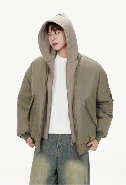 𝔾𝕣𝕠𝕦𝕟𝕕ℤ𝕖𝕣𝕠®2026年秋冬款經典復古假兩件式寬鬆連帽防風保暖飛行夾克外套(限量)