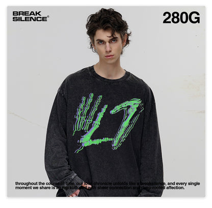 G.Z邁阿密南岸𝔾𝕣𝕠𝕦𝕟𝕕ℤ𝕖𝕣𝕠®✥南裝大佬✥ 美式嘻哈水280g骷髏手勢長袖上衣T-Shirt