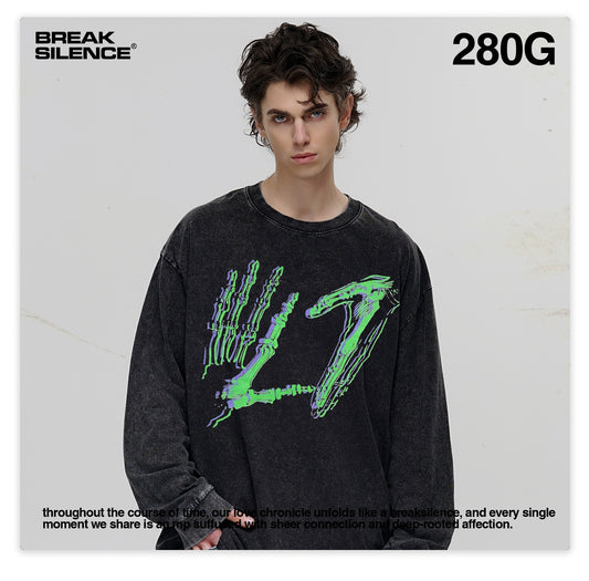 G.Z邁阿密南岸𝔾𝕣𝕠𝕦𝕟𝕕ℤ𝕖𝕣𝕠®✥南裝大佬✥ 美式嘻哈水280g骷髏手勢長袖上衣T-Shirt