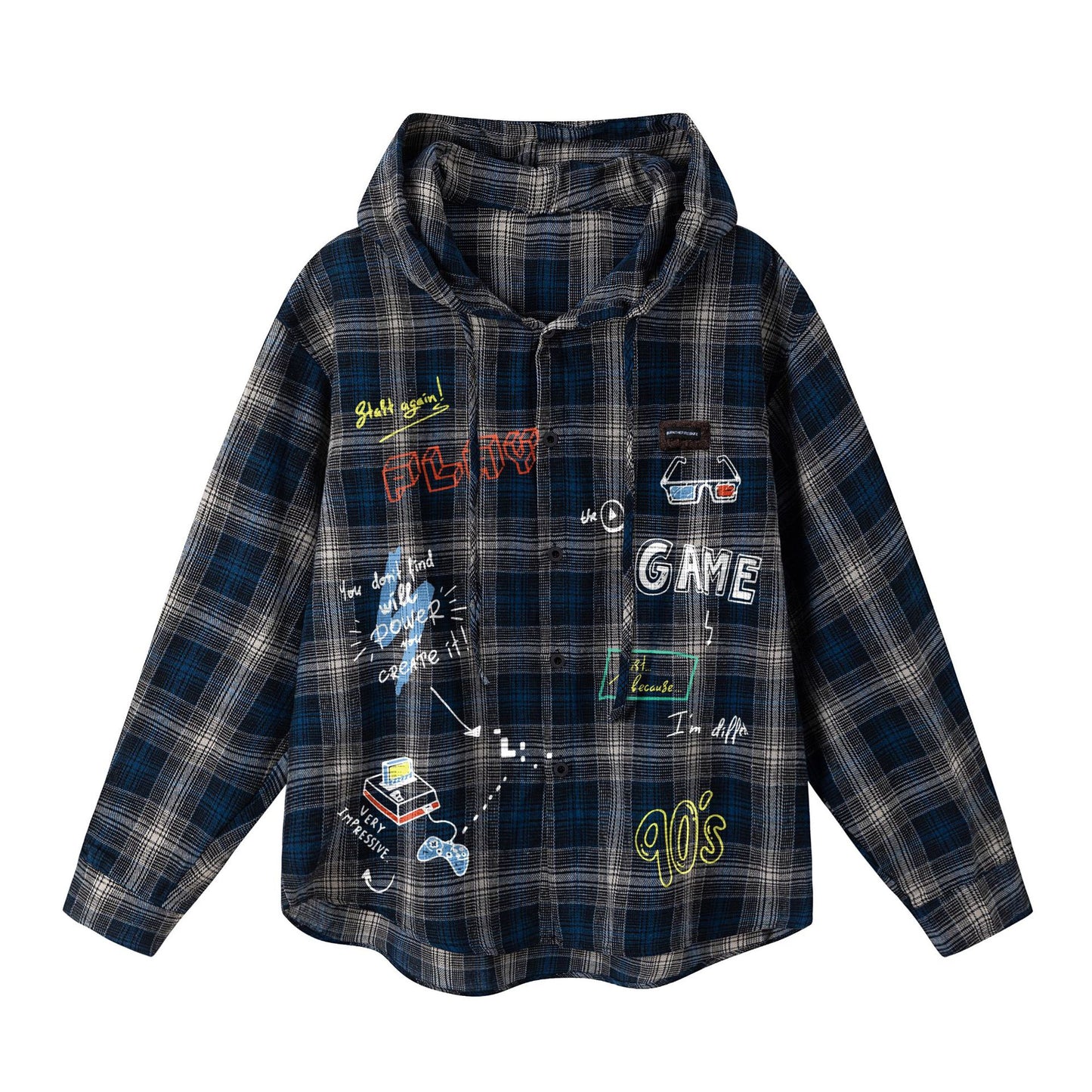 𝔾𝕣𝕠𝕦𝕟𝕕ℤ𝕖𝕣𝕠®2026年秋冬款復古新款格紋手繪卡通連帽長袖夾克襯衫