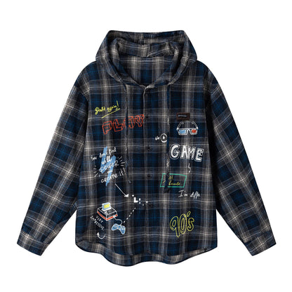 𝔾𝕣𝕠𝕦𝕟𝕕ℤ𝕖𝕣𝕠®2026年秋冬款復古新款格紋手繪卡通連帽長袖夾克襯衫