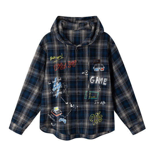 𝔾𝕣𝕠𝕦𝕟𝕕ℤ𝕖𝕣𝕠®2026年秋冬款復古新款格紋手繪卡通連帽長袖夾克襯衫
