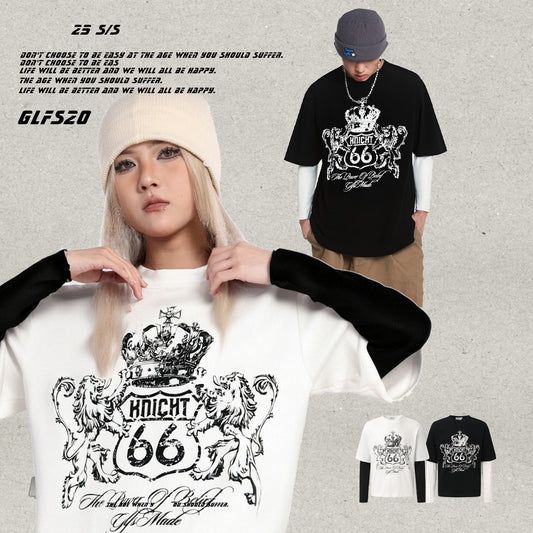 𝔾𝕣𝕠𝕦𝕟𝕕ℤ𝕖𝕣𝕠®2026年秋冬款復古皇家獅子圓領假兩件長袖上衣T-SHIRT