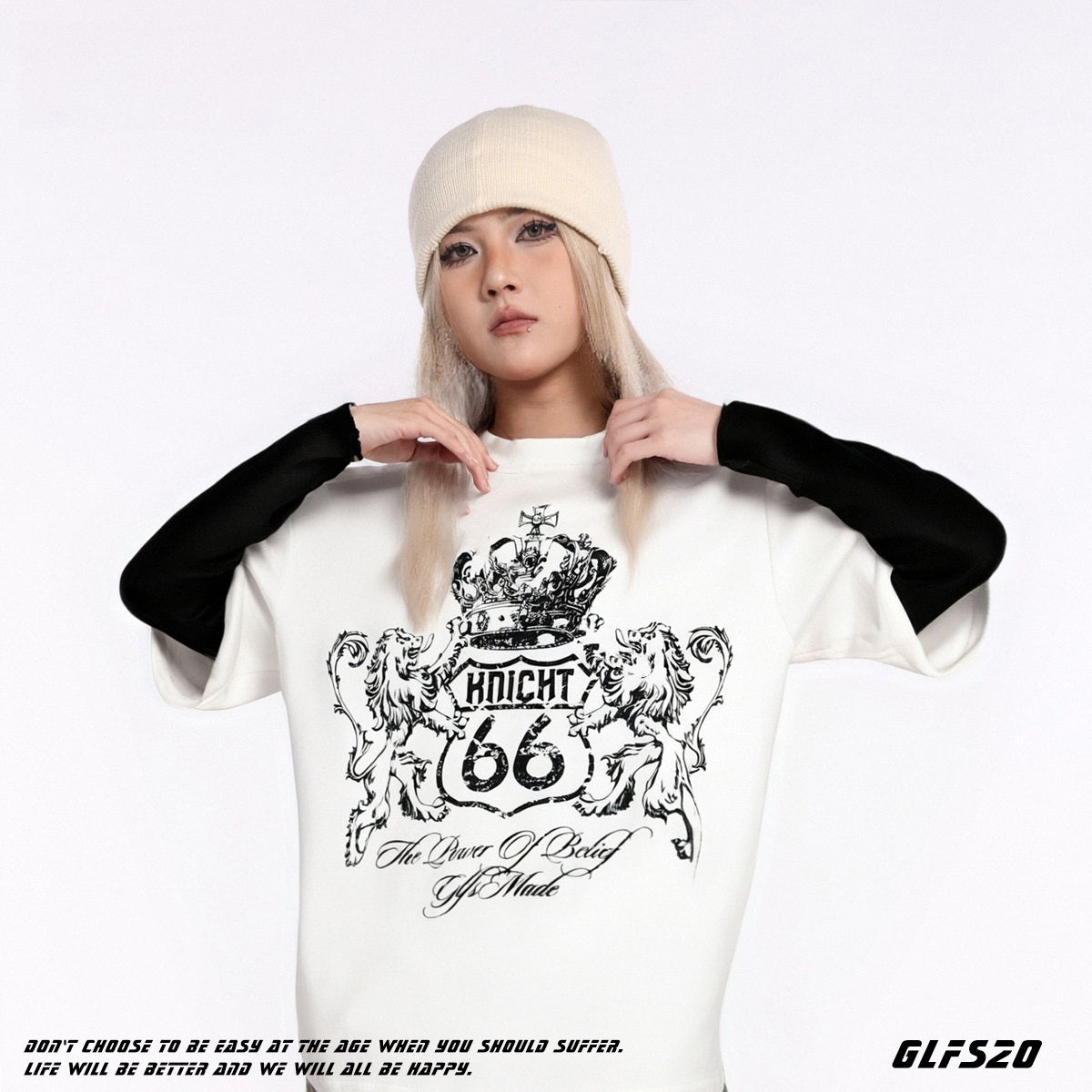 𝔾𝕣𝕠𝕦𝕟𝕕ℤ𝕖𝕣𝕠®2026年秋冬款復古皇家獅子圓領假兩件長袖上衣T-SHIRT