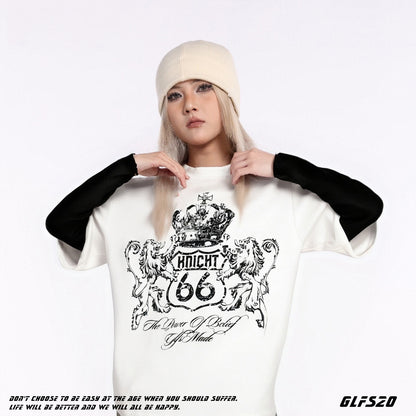 𝔾𝕣𝕠𝕦𝕟𝕕ℤ𝕖𝕣𝕠®2026年秋冬款復古皇家獅子圓領假兩件長袖上衣T-SHIRT