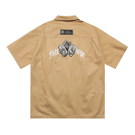 𝔾𝕣𝕠𝕦𝕟𝕕ℤ𝕖𝕣𝕠🎭♠墨西哥♠匪幫⚂2025年⚅美式嘻哈寬鬆刺繡翻領短袖工裝襯衫