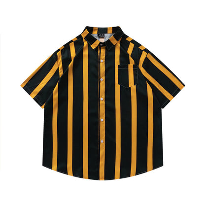G.Z 邁阿密南岸✥𝔾𝕣𝕠𝕦𝕟𝕕ℤ𝕖𝕣𝕠®✥２０２4南裝大佬/美式嘻哈古巴開領黃黑條紋中性短袖襯衫