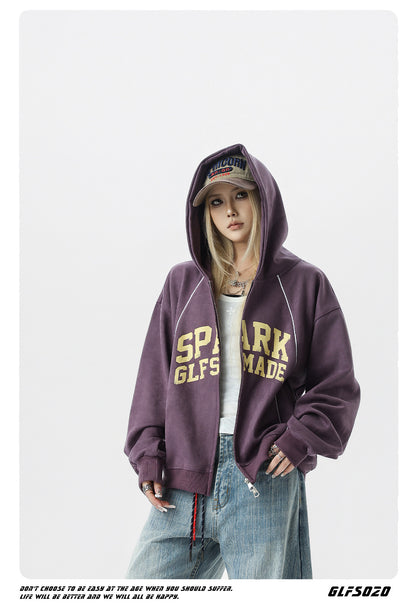 𝔾𝕣𝕠𝕦𝕟𝕕ℤ𝕖𝕣𝕠®2026年秋冬新款油漆字母麂皮絨連帽拉鍊長袖外套