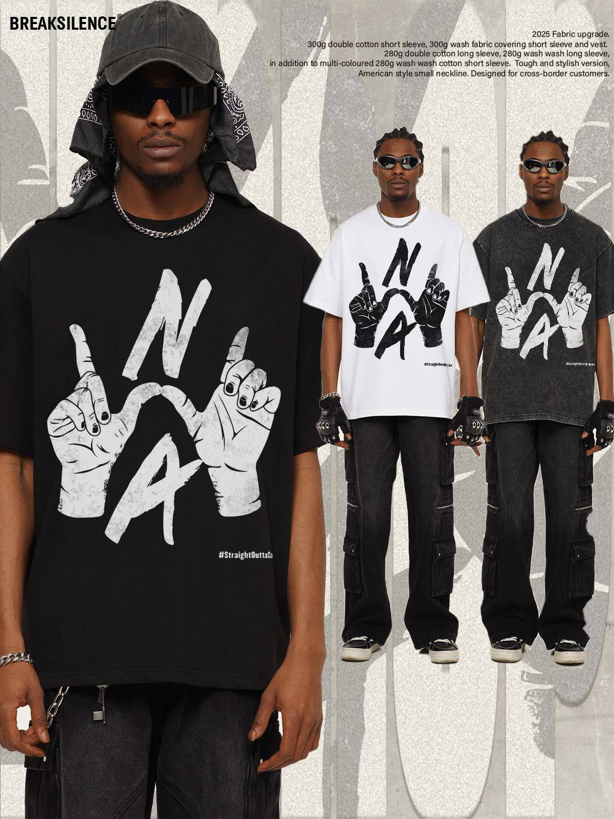 G.Z邁阿密南岸𝔾𝕣𝕠𝕦𝕟𝕕ℤ𝕖𝕣𝕠®✥南裝大佬✥ 美式嘻哈水洗重磅數男女中性N.W.A手勢短袖上衣T-Shirt(亞洲版型)