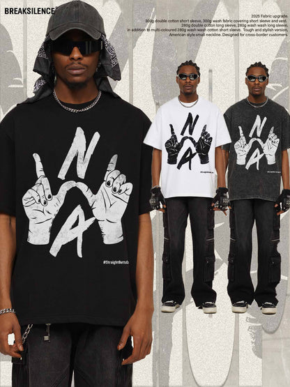 G.Z邁阿密南岸𝔾𝕣𝕠𝕦𝕟𝕕ℤ𝕖𝕣𝕠®✥南裝大佬✥ 美式嘻哈水洗重磅數男女中性N.W.A手勢短袖上衣T-Shirt(亞洲版型)