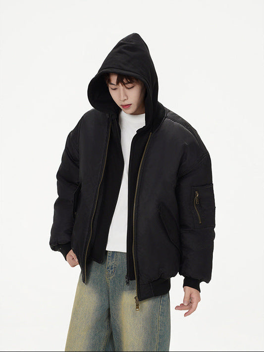 𝔾𝕣𝕠𝕦𝕟𝕕ℤ𝕖𝕣𝕠®2026年秋冬款經典復古假兩件式寬鬆連帽防風保暖飛行夾克外套(限量)