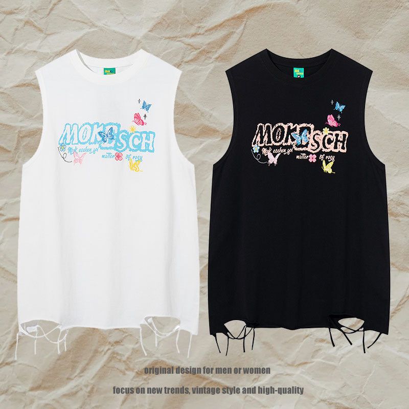 ♠𝔾𝕣𝕠𝕦𝕟𝕕ℤ𝕖𝕣𝕠♠美式風格夏日新款水洗破壞厚磅刺繡蝴蝶漆坎肩無袖背心