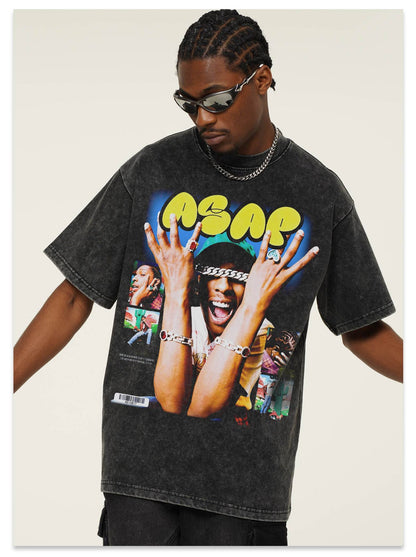 G.Z邁阿密南岸𝔾𝕣𝕠𝕦𝕟𝕕ℤ𝕖𝕣𝕠®✥南裝大佬✥ 美式嘻哈水洗重磅數男女中性AsapRocky短袖上衣T-Shirt(亞洲版型)