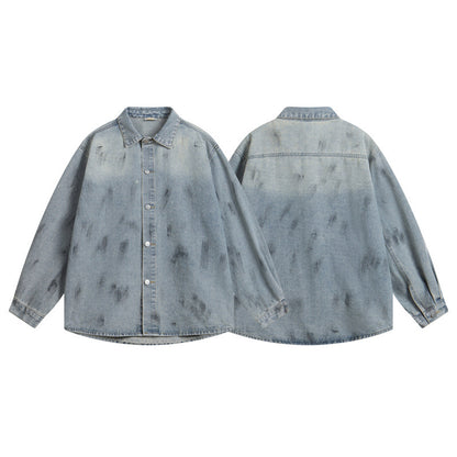 𝔾𝕣𝕠𝕦𝕟𝕕ℤ𝕖𝕣𝕠®2026年秋冬款復古嘻哈做舊潑墨牛仔夾克外套