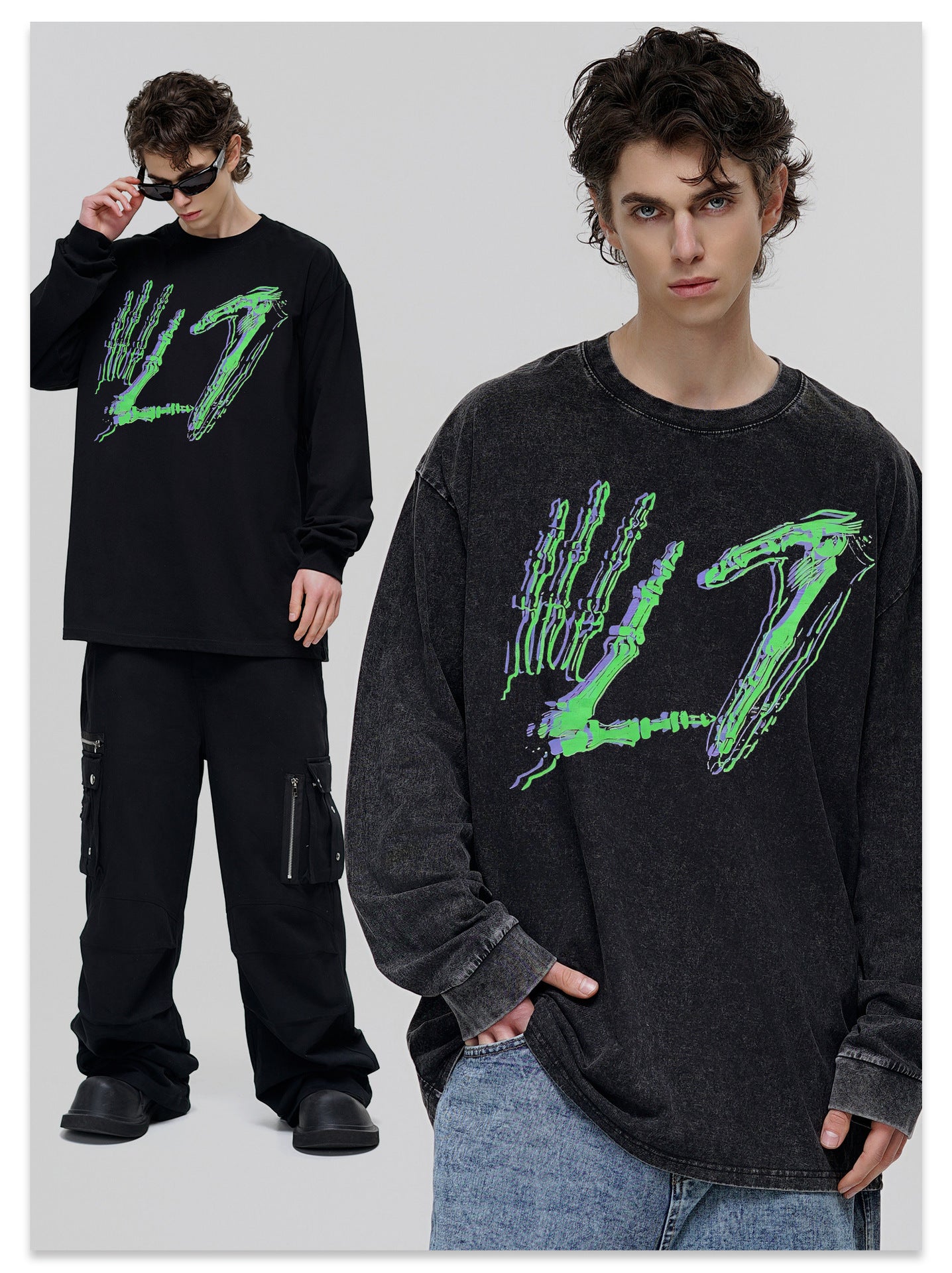 G.Z邁阿密南岸𝔾𝕣𝕠𝕦𝕟𝕕ℤ𝕖𝕣𝕠®✥南裝大佬✥ 美式嘻哈水280g骷髏手勢長袖上衣T-Shirt