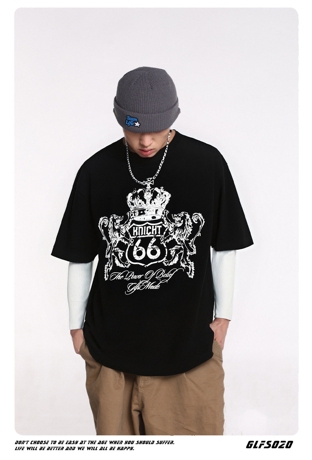 𝔾𝕣𝕠𝕦𝕟𝕕ℤ𝕖𝕣𝕠®2026年秋冬款復古皇家獅子圓領假兩件長袖上衣T-SHIRT