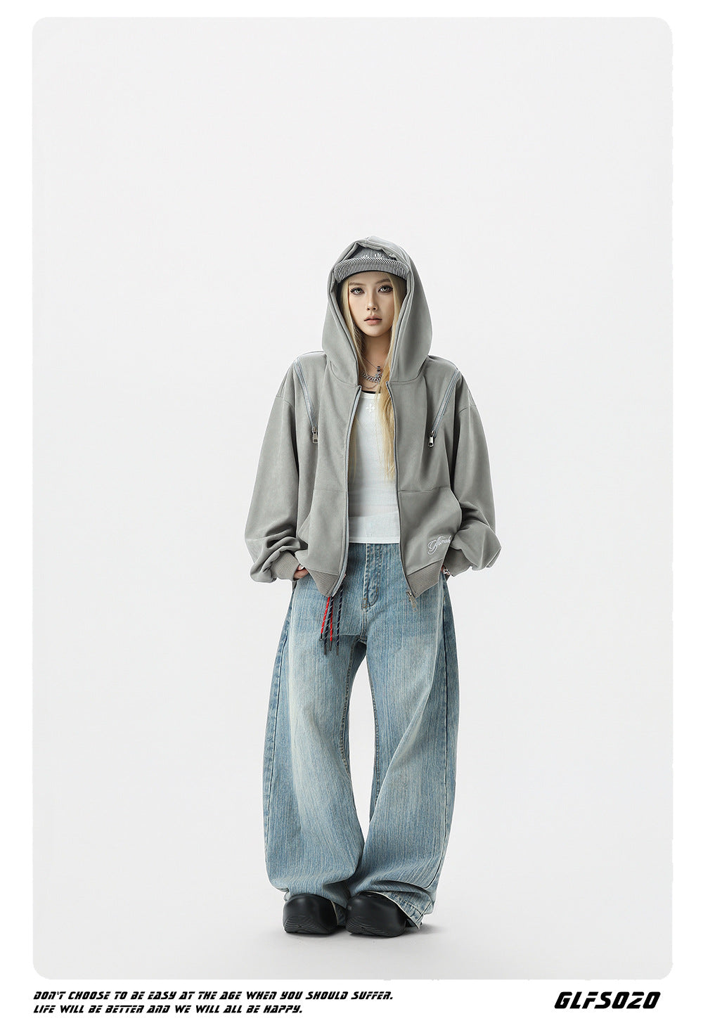 𝔾𝕣𝕠𝕦𝕟𝕕ℤ𝕖𝕣𝕠®2026年秋冬款簡約嘻哈電繡字母連帽長袖外套夾克