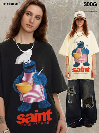 G.Z邁阿密南岸𝔾𝕣𝕠𝕦𝕟𝕕ℤ𝕖𝕣𝕠®✥南裝大佬✥ 美式嘻哈水洗重磅數男女中性餅乾怪獸T-Shirt短袖上衣(亞洲版型)