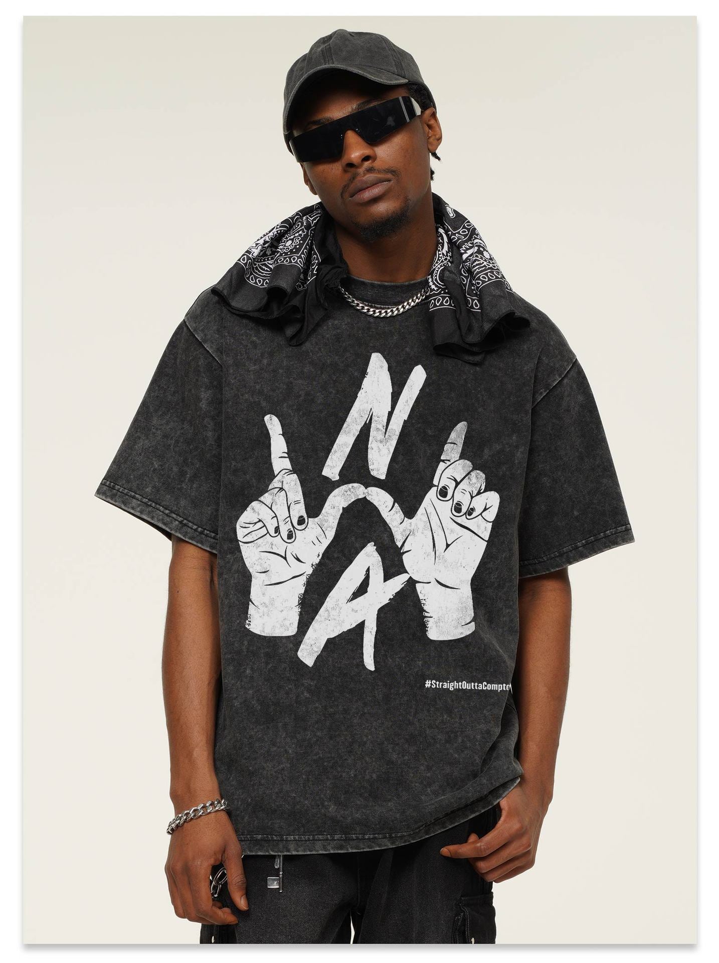 G.Z邁阿密南岸𝔾𝕣𝕠𝕦𝕟𝕕ℤ𝕖𝕣𝕠®✥南裝大佬✥ 美式嘻哈水洗重磅數男女中性N.W.A手勢短袖上衣T-Shirt(亞洲版型)