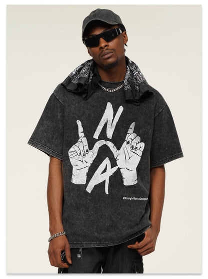 G.Z邁阿密南岸𝔾𝕣𝕠𝕦𝕟𝕕ℤ𝕖𝕣𝕠®✥南裝大佬✥ 美式嘻哈水洗重磅數男女中性N.W.A手勢短袖上衣T-Shirt(亞洲版型)
