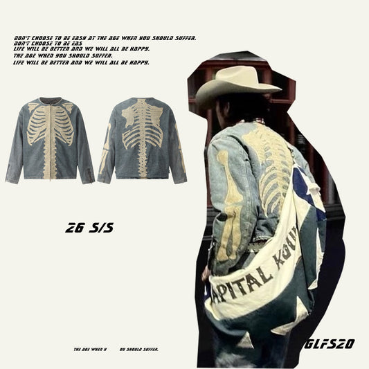 𝔾𝕣𝕠𝕦𝕟𝕕ℤ𝕖𝕣𝕠®2026年秋冬款復古做舊骨架圓領古著夾克牛仔外套