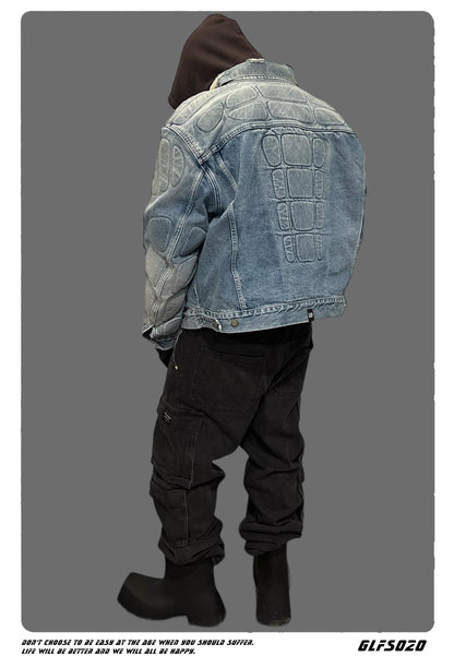 𝔾𝕣𝕠𝕦𝕟𝕕ℤ𝕖𝕣𝕠®2026年秋冬款復古水洗破壞鎧甲短版牛仔夾克外套(限量)