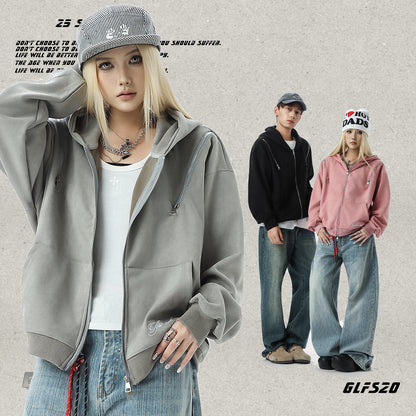 𝔾𝕣𝕠𝕦𝕟𝕕ℤ𝕖𝕣𝕠®2026年秋冬款簡約嘻哈電繡字母連帽長袖外套夾克