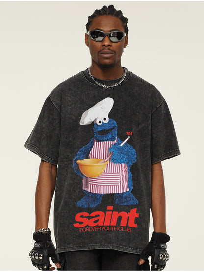 G.Z邁阿密南岸𝔾𝕣𝕠𝕦𝕟𝕕ℤ𝕖𝕣𝕠®✥南裝大佬✥ 美式嘻哈水洗重磅數男女中性餅乾怪獸T-Shirt短袖上衣(亞洲版型)