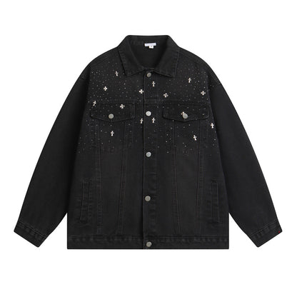 𝔾𝕣𝕠𝕦𝕟𝕕ℤ𝕖𝕣𝕠®2026年秋冬款復古嘻哈滿天星克羅十字牛仔夾克外套
