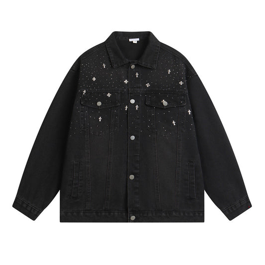 𝔾𝕣𝕠𝕦𝕟𝕕ℤ𝕖𝕣𝕠®2026年秋冬款復古嘻哈滿天星克羅十字牛仔夾克外套